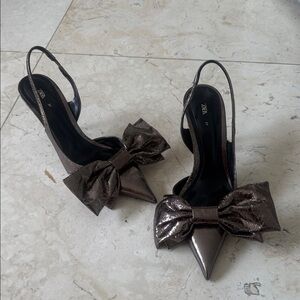 Zara Shiny Metallic Bow Slingback Heels